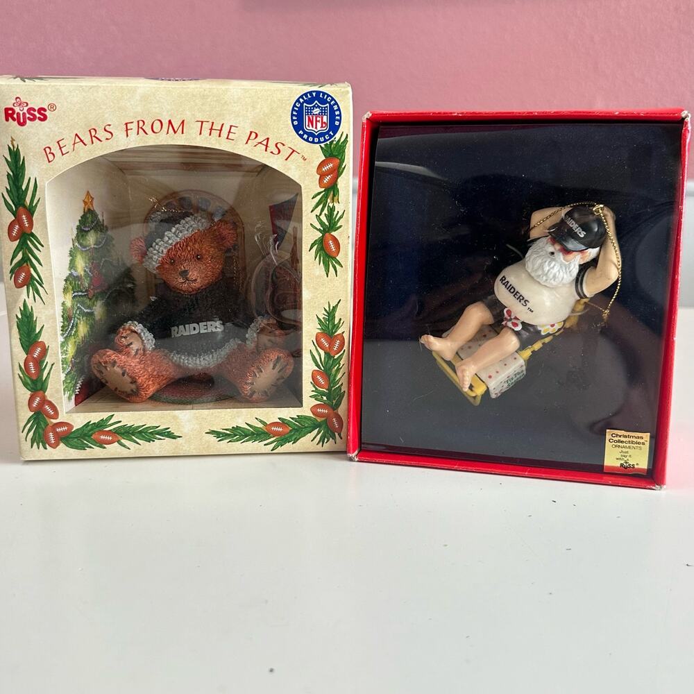 Vintage NFL Raiders Russ 'Tis this season ornaments Santa and Bear set of 2